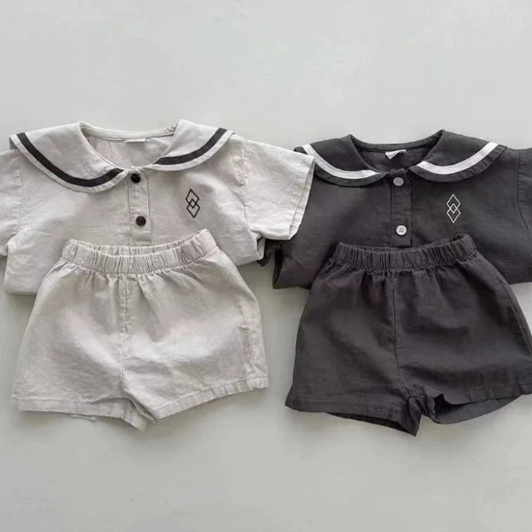 Short Sleeve Navy Collar Tops & Shorts Set