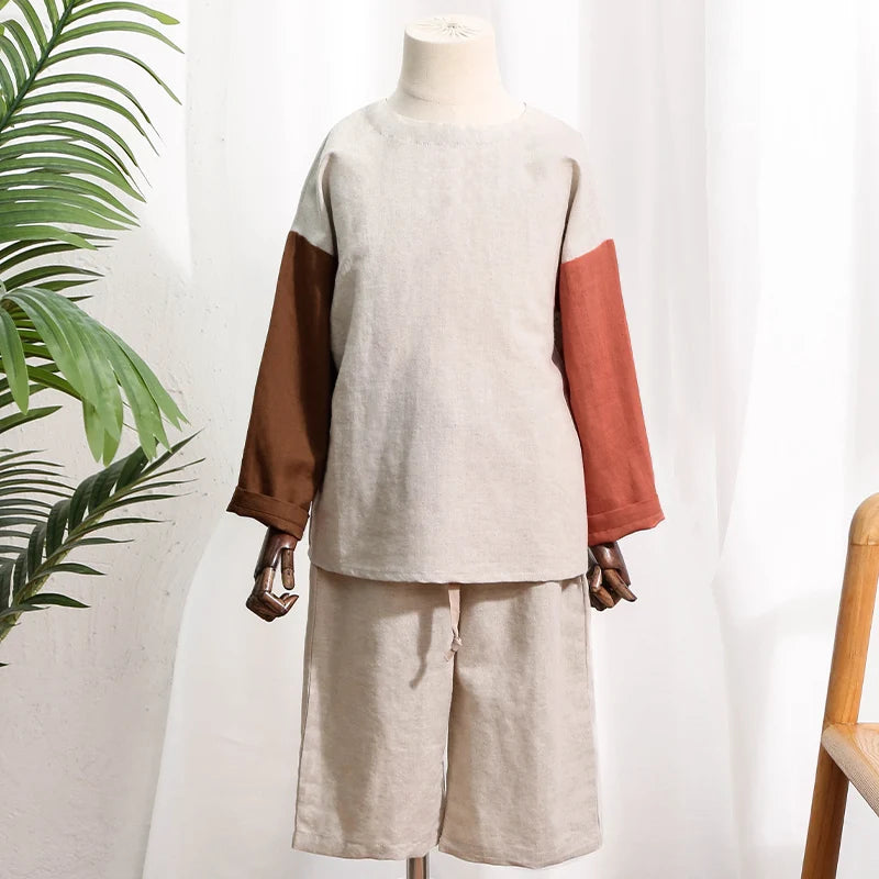 Retro Color-Block Long-Sleeved Shirt  & Pants Set