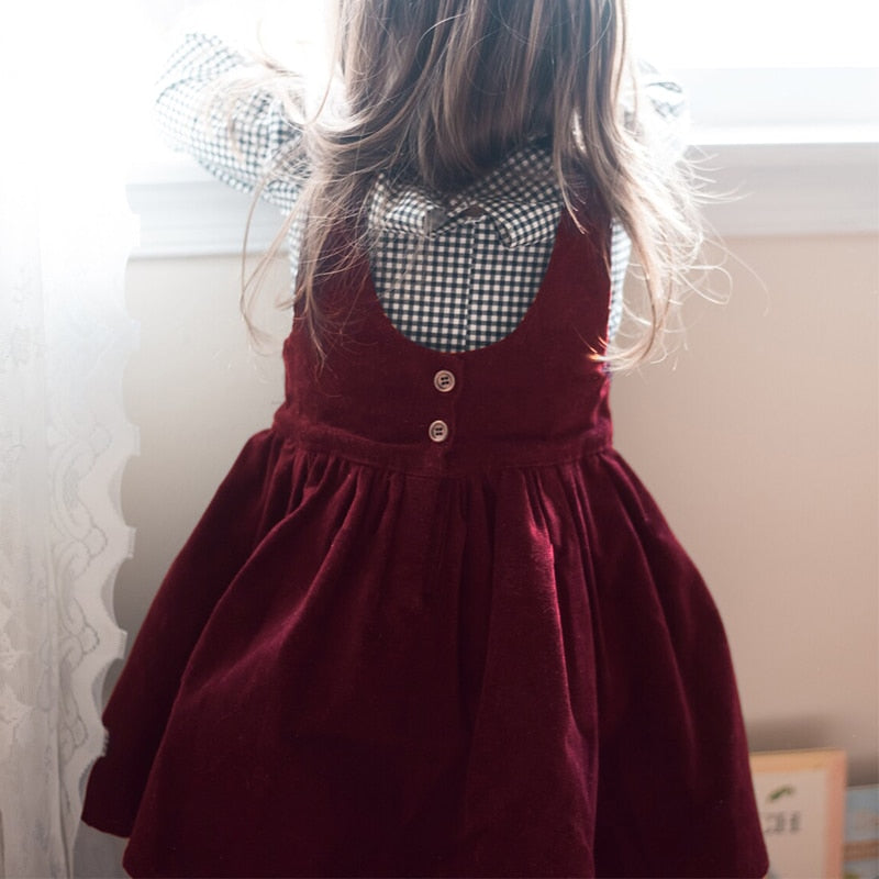 Girls U-Collar Red Corduroy Dress