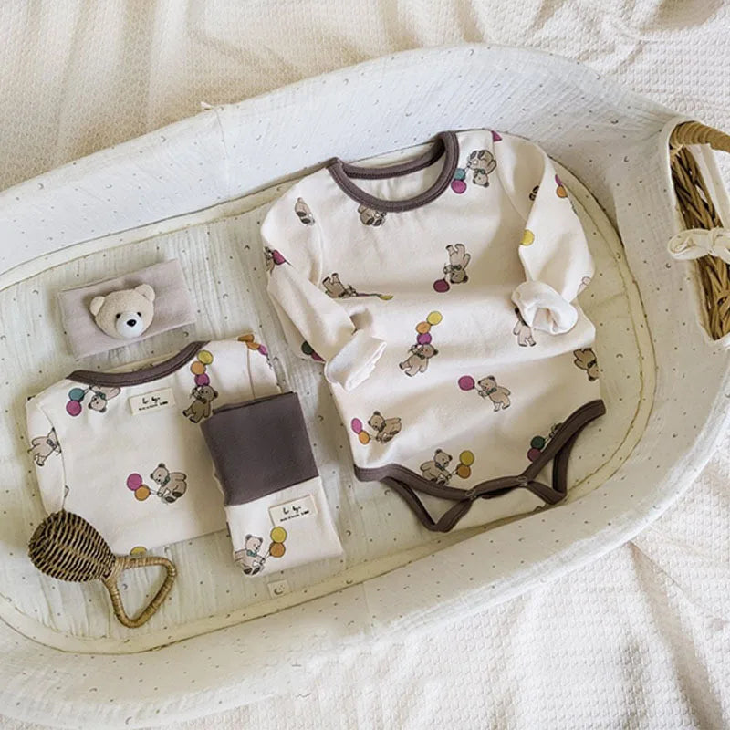 Cute Bear Print Baby Long-Sleeved Set & Onesie