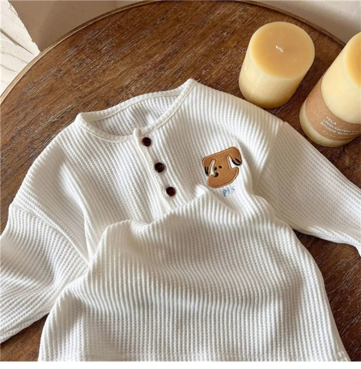 Round Collar Waffle Long-Sleeved Top