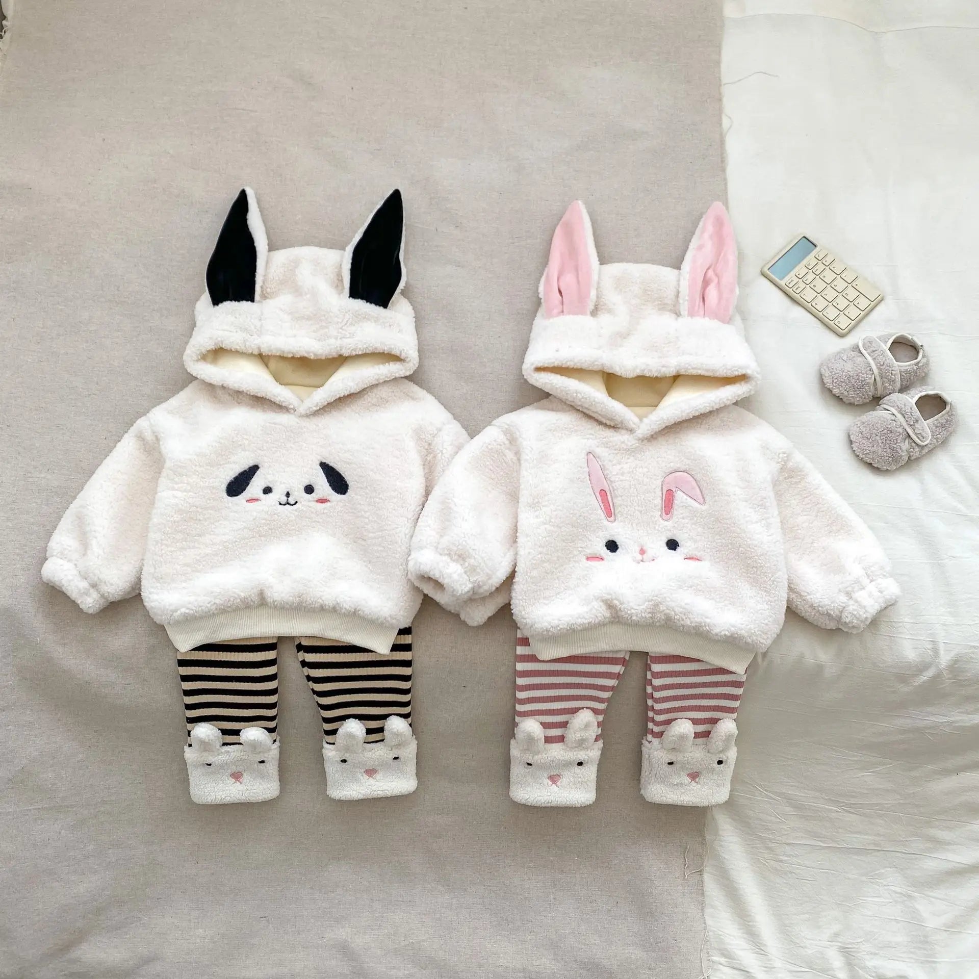 Plush Hooded Sweatshirt & Striped Leggings