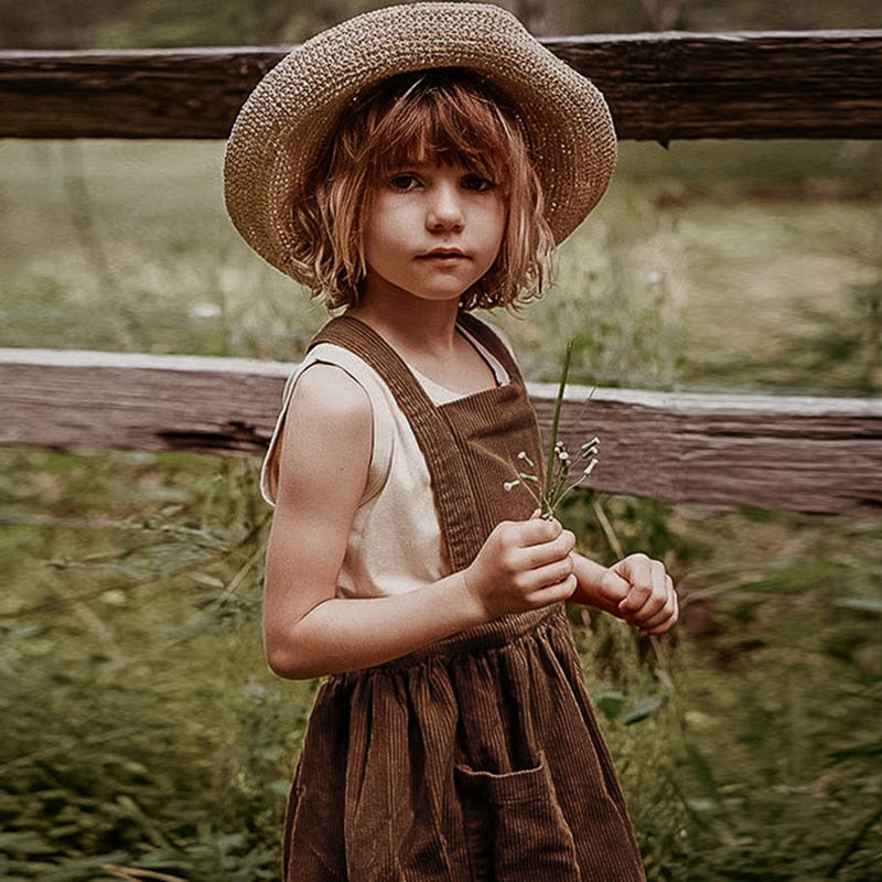 Girl's Retro Corduroy Strappy Dress