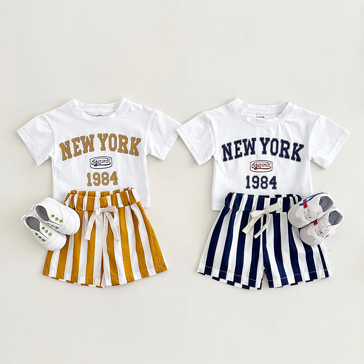 'NEW YORK' Casual Tee & Striped Shorts Set
