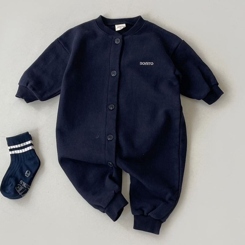 Solid Long-Sleeved Cotton Romper