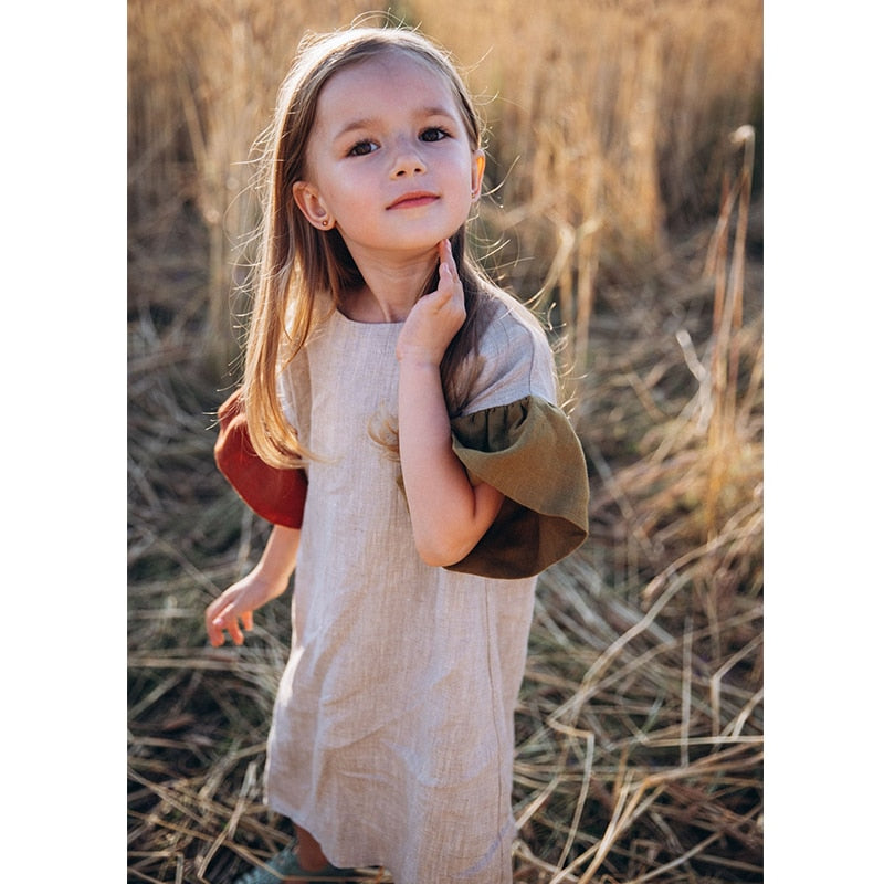 Girls Natural Linen Patchwork Outfit