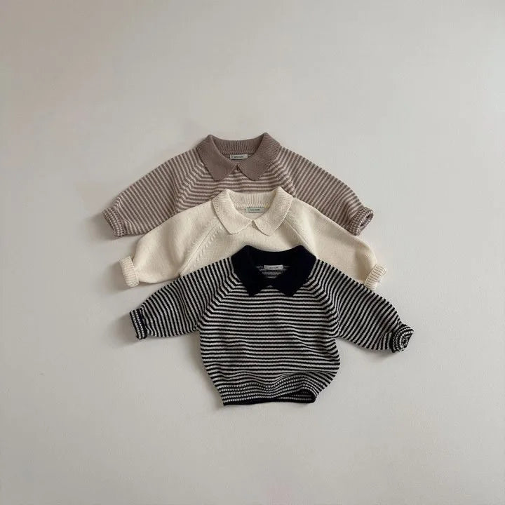 Lapel Striped Knit Sweater