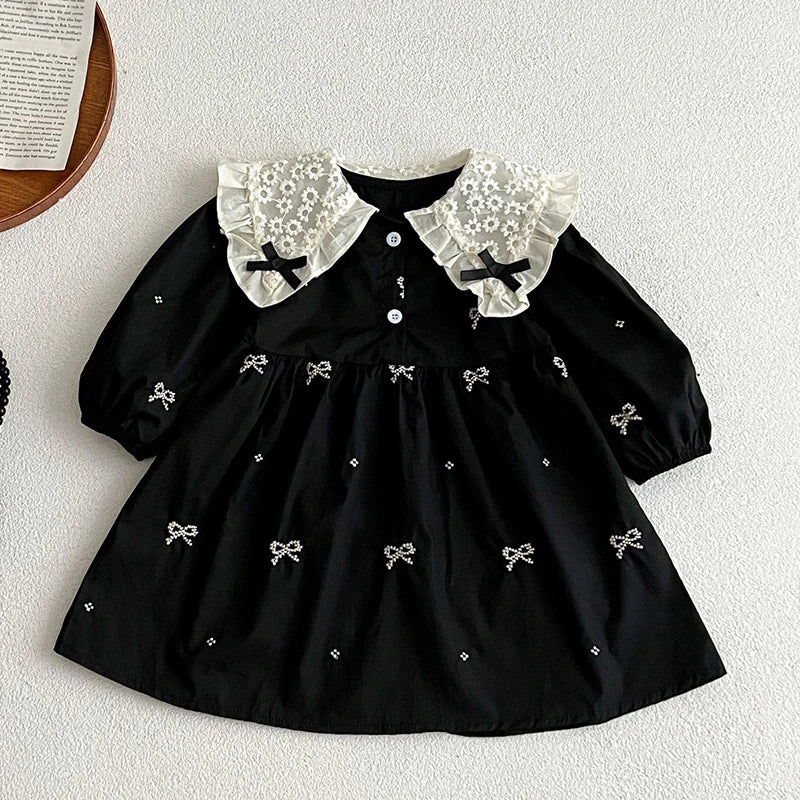 Bow-Print Collar Draped Dress