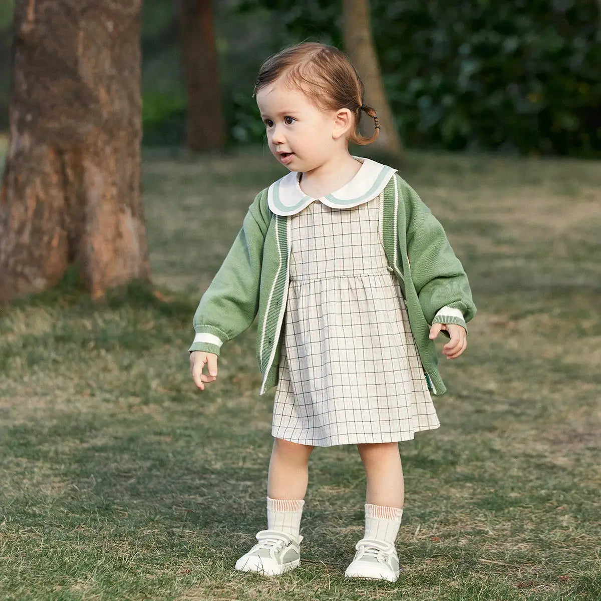 Girls' Button-Down Cardigan & Plaid Dress Set
