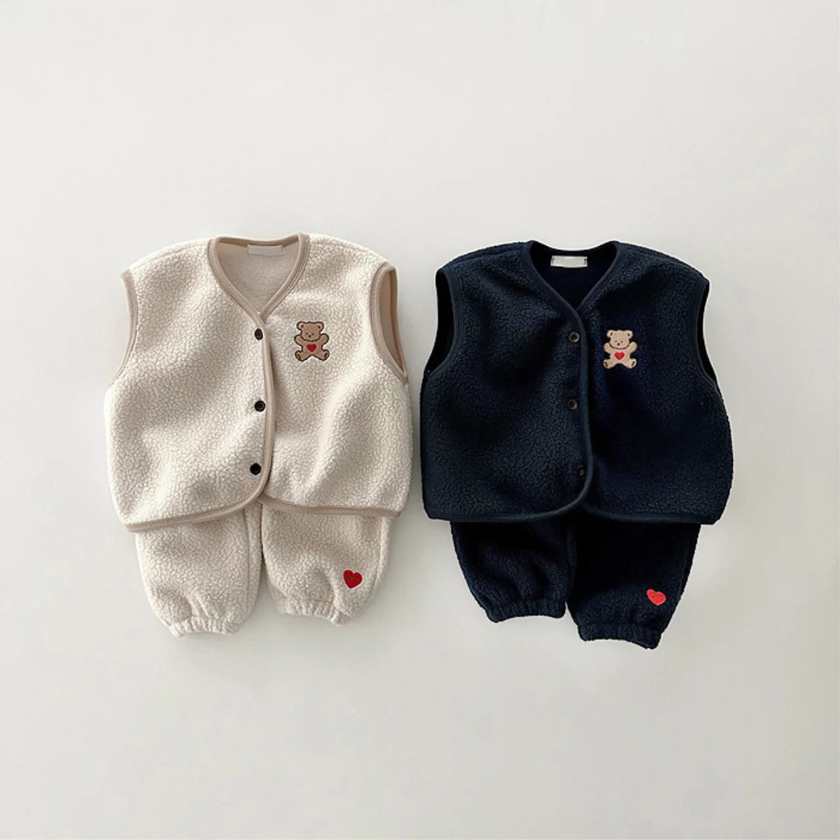 Cartoon Bear Fleece Vest & Pants Set