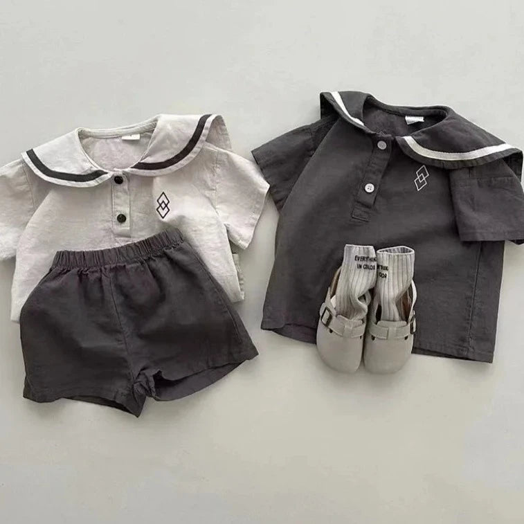 Short Sleeve Navy Collar Tops & Shorts Set