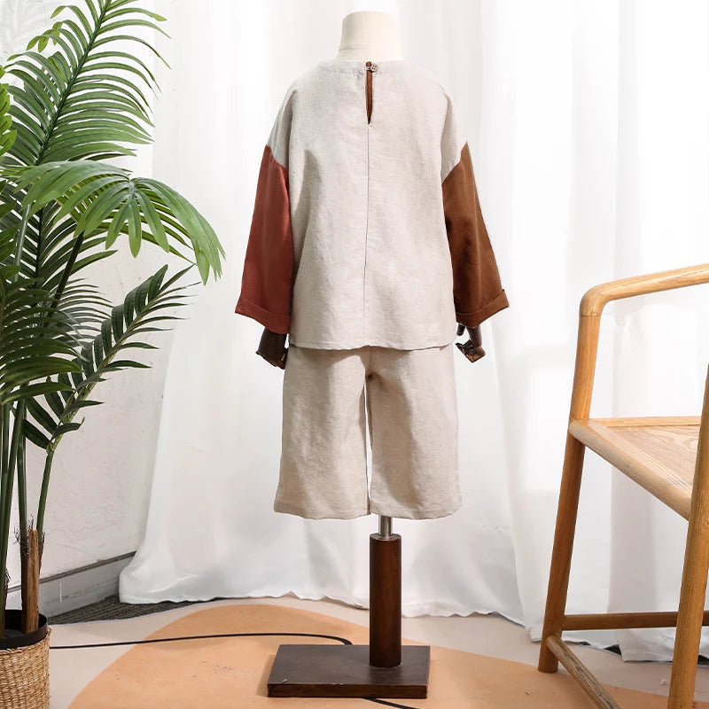 Retro Color-Block Long-Sleeved Shirt  & Pants Set