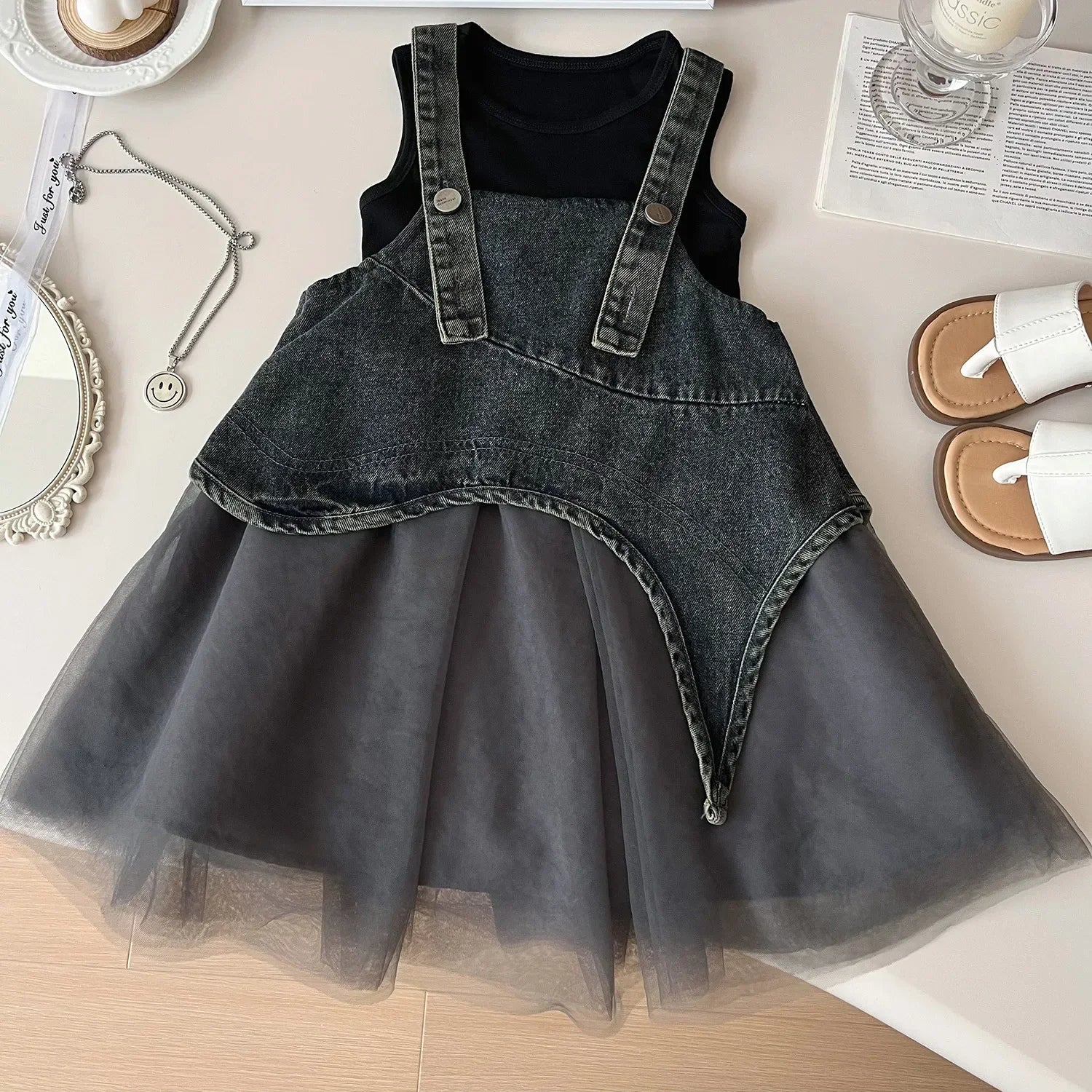 Girls' Sleeveless T-shirt & Denim Mesh Dress Set