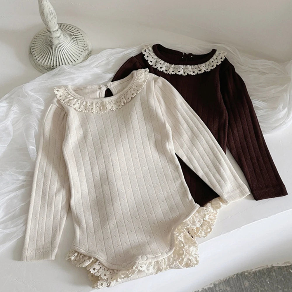Lace Collar Ribbed Hollow Out Onesie
