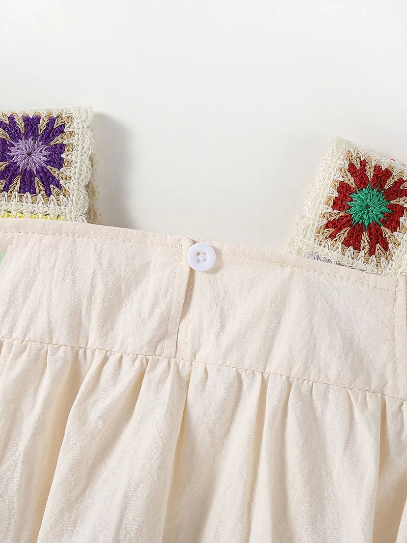 Colorful Embroidered Square-Collar Onesie