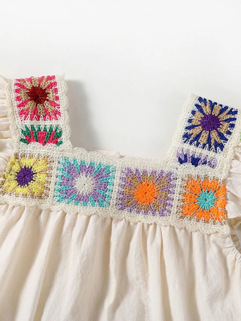 Colorful Embroidered Square-Collar Onesie