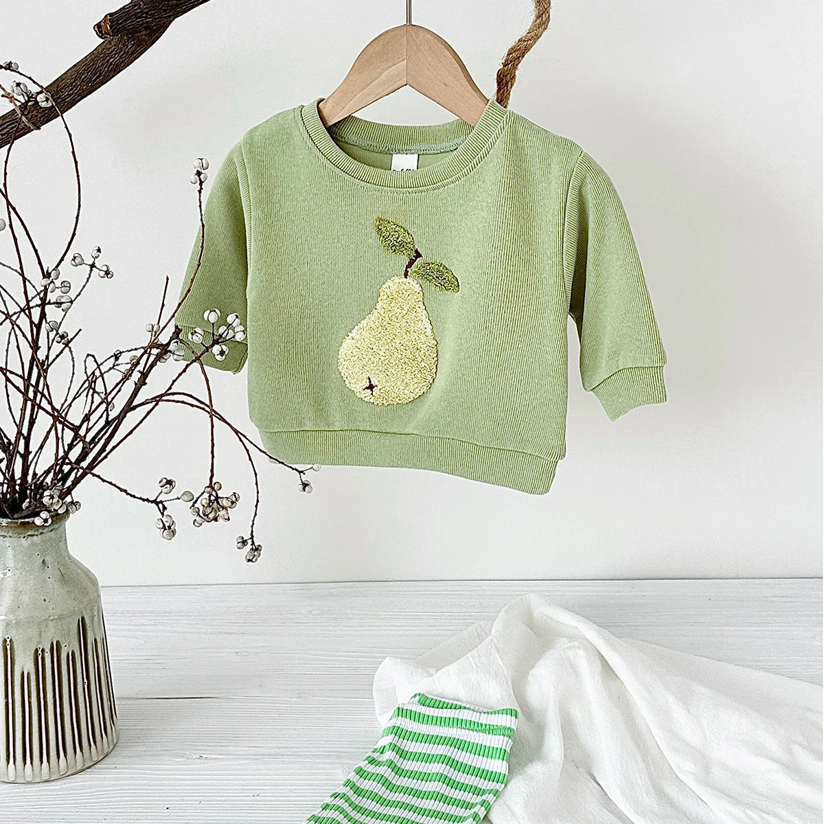 Plush Fruit Sweatshirt & Striped Leggings Set