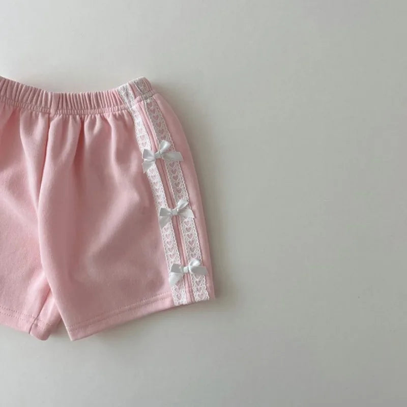 Girls Solid Lace Bow Sweatshirt & Shorts Set