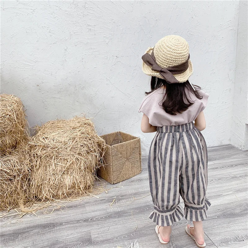 Retro Striped Calf-Length Ruffled Pants