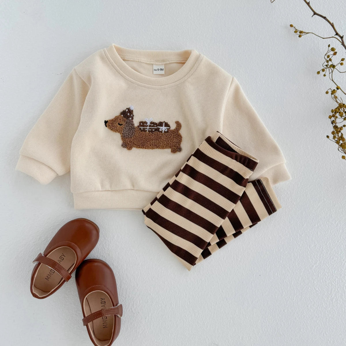Cute Puppy Top & Striped Pants Set