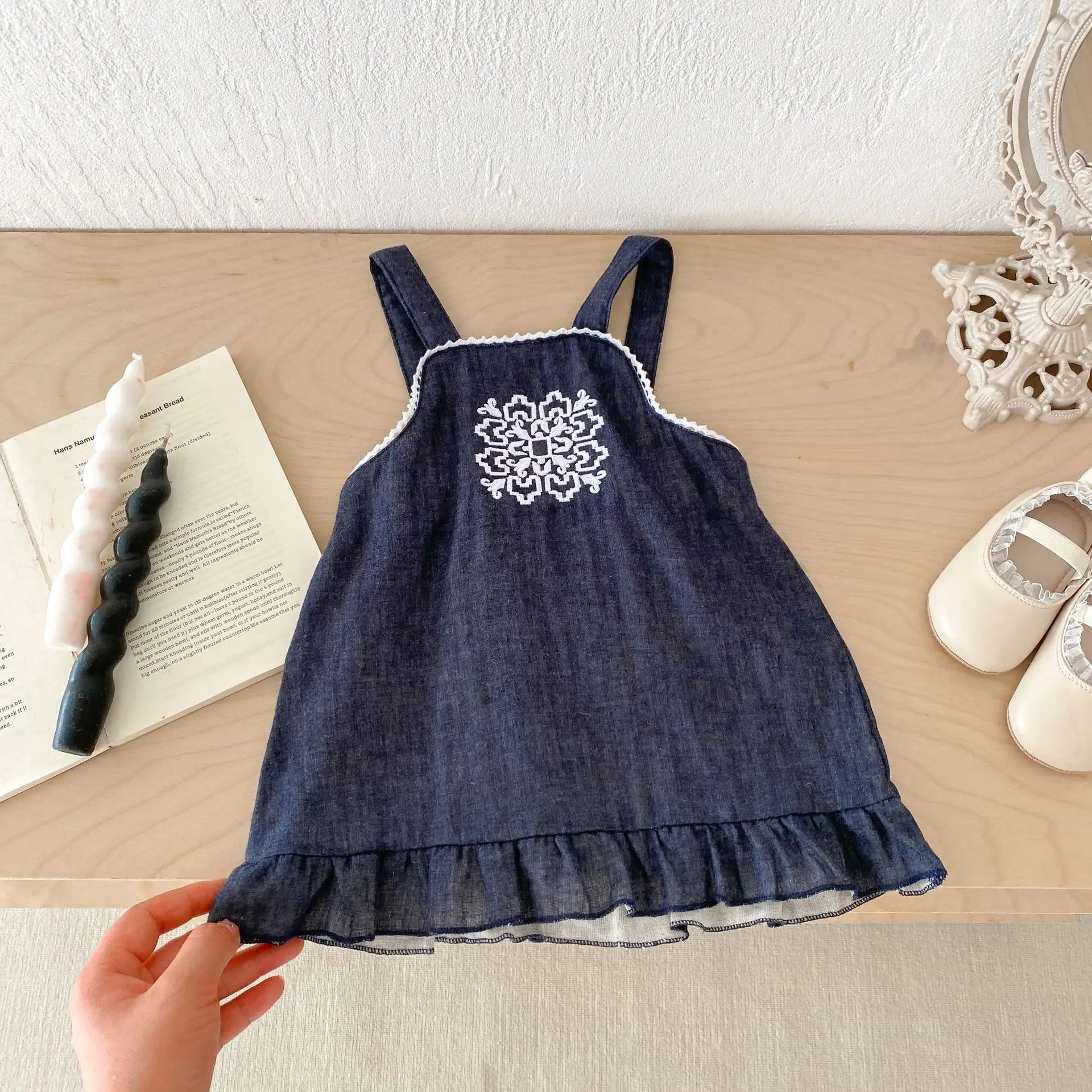 Embroidered Print Square Collar Romper & Dress Set
