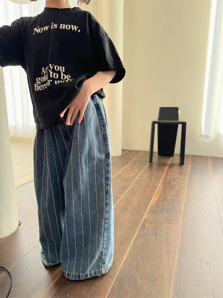 Striped Wide Leg Denim Pants