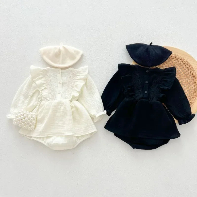 Round Collar Lace Patchwork Solid Onesie Dress