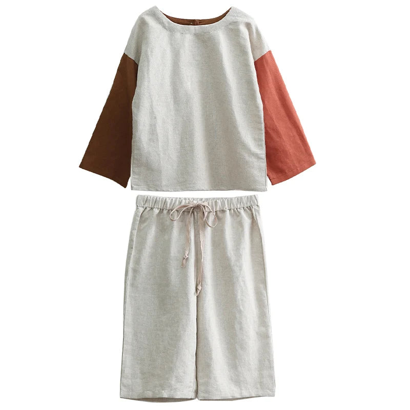 Retro Color-Block Long-Sleeved Shirt  & Pants Set