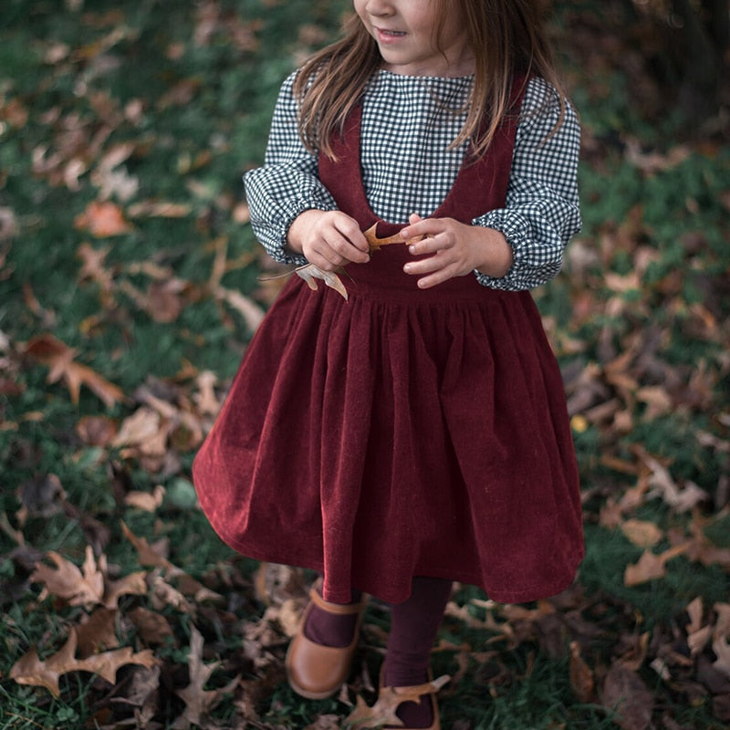 Girls U-Collar Red Corduroy Dress
