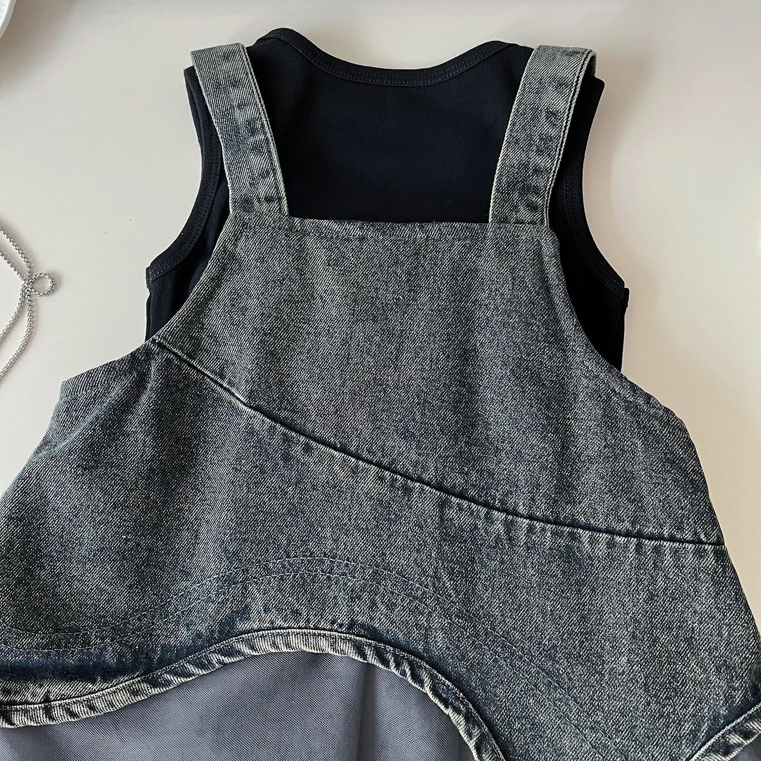 Girls' Sleeveless T-shirt & Denim Mesh Dress Set