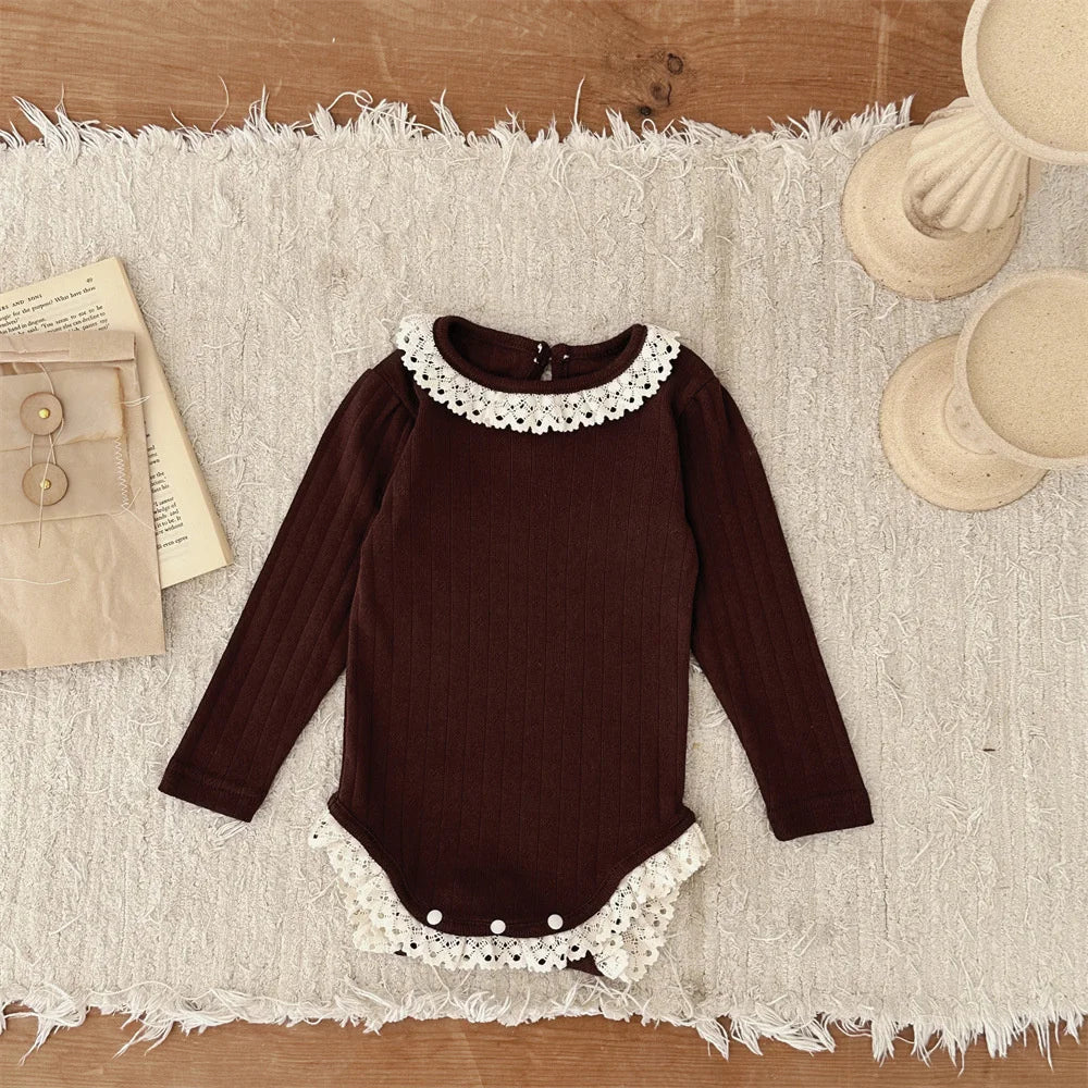 Lace Collar Ribbed Hollow Out Onesie