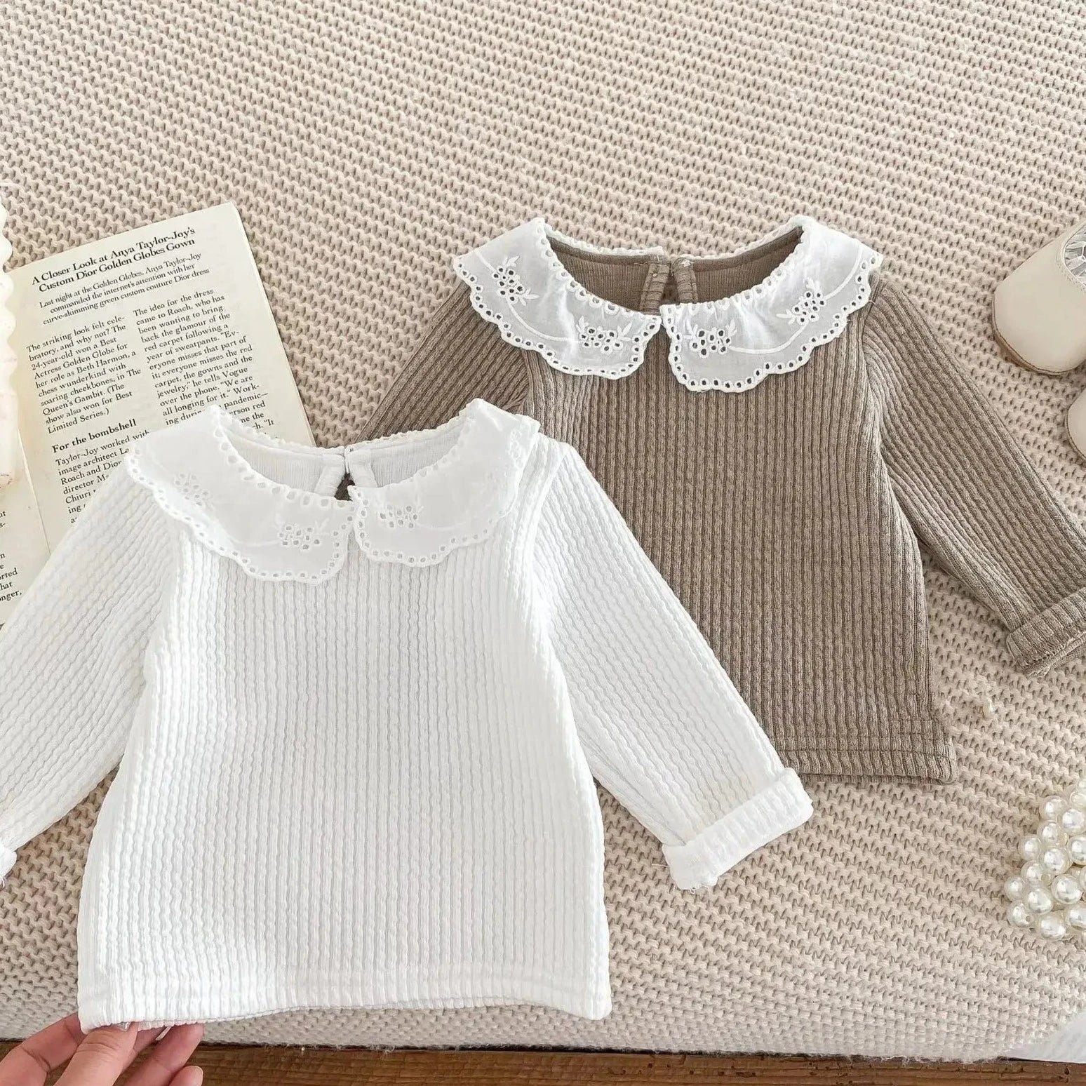Girl's Embroidered Collar Solid Top