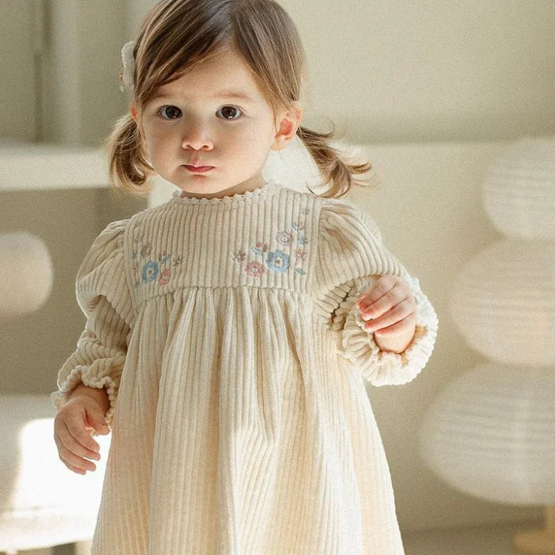 Corduroy Embroidered Long-sleeved Princess Dress