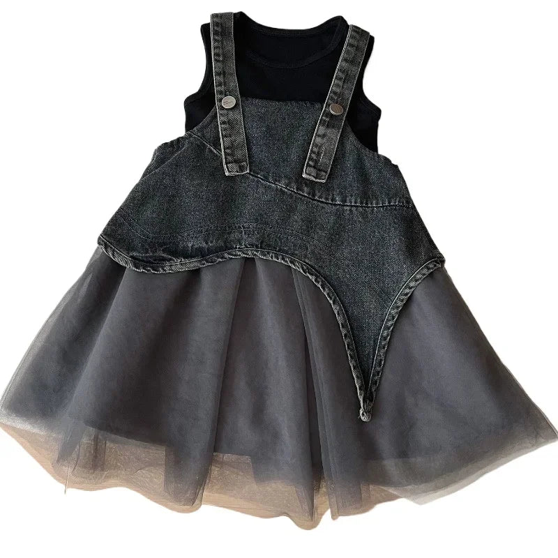 Girls' Sleeveless T-shirt & Denim Mesh Dress Set