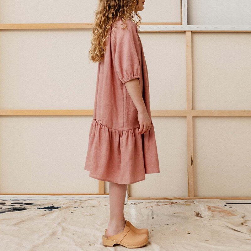 Girls' Casual Cotton-Linen A-Line Dress with Ruffles