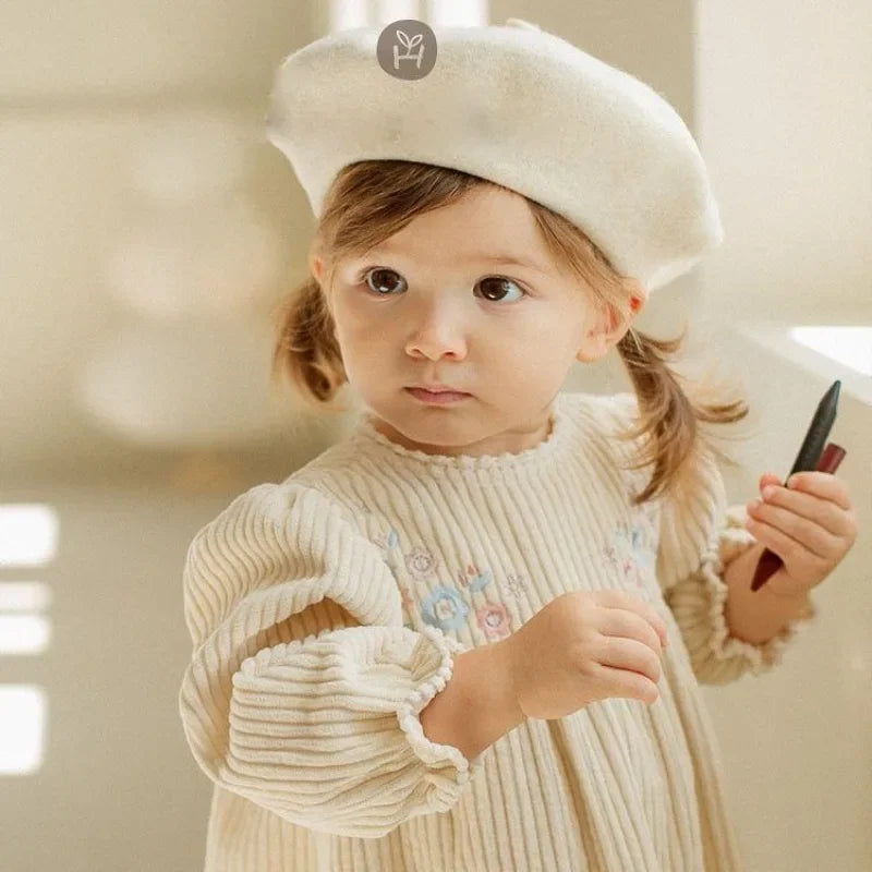 Corduroy Embroidered Long-sleeved Princess Dress