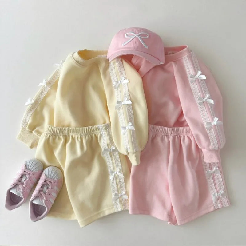 Girls Solid Lace Bow Sweatshirt & Shorts Set