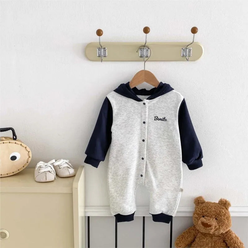 Color-Block Long-Sleeve Hooded Romper