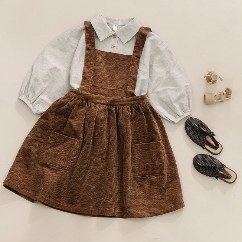 Girl's Retro Corduroy Strappy Dress