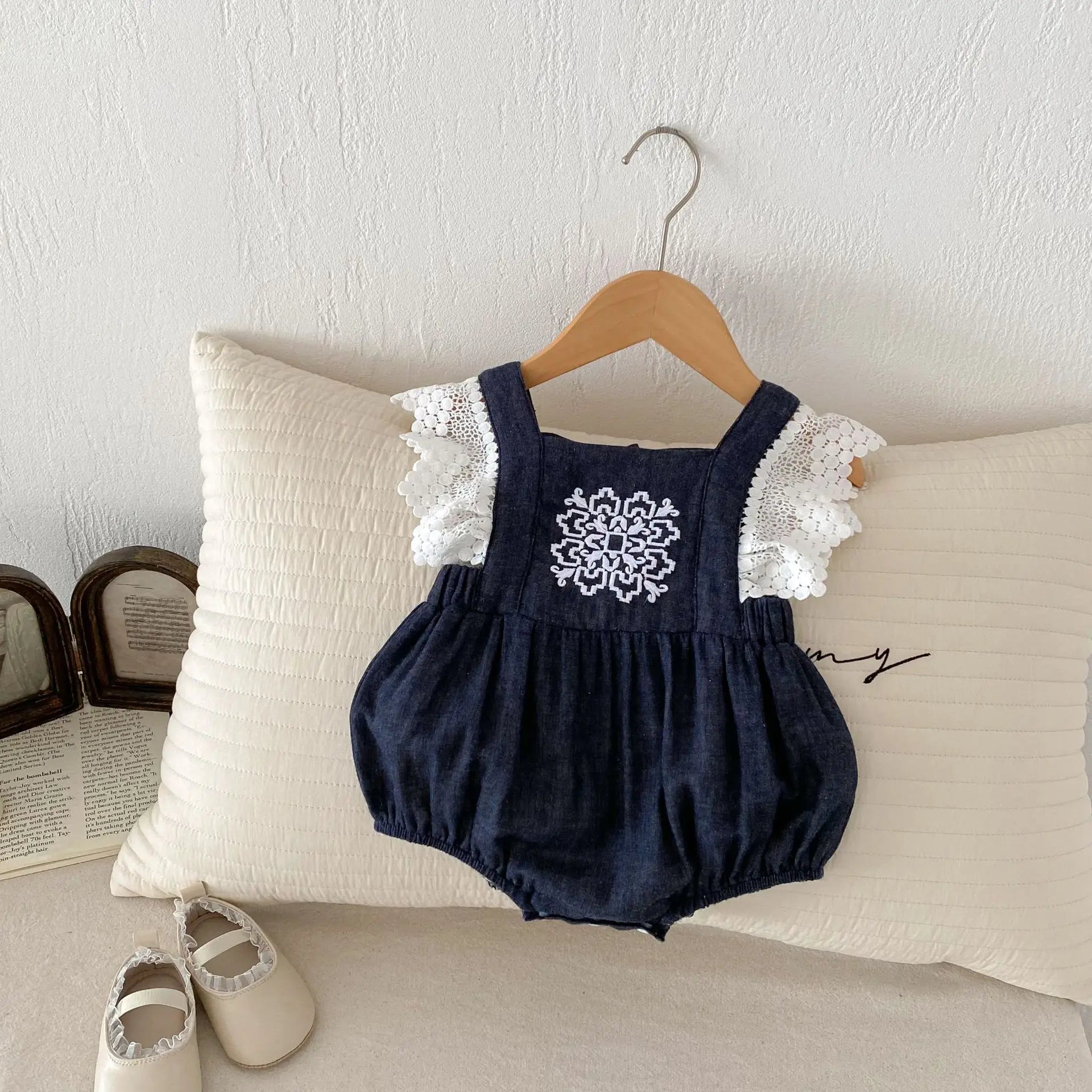 Embroidered Print Square Collar Romper & Dress Set