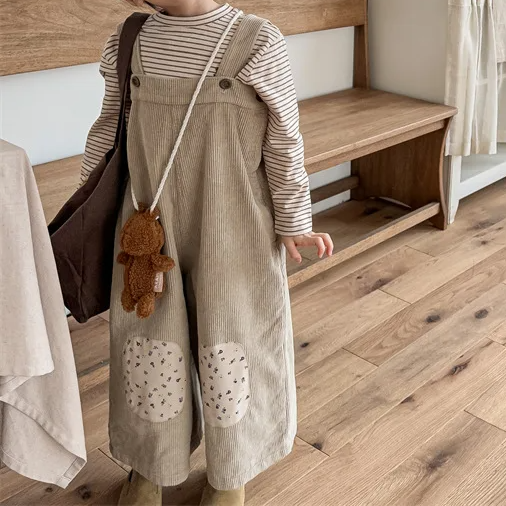 Wide-Leg Corduroy  Patchwork Overalls