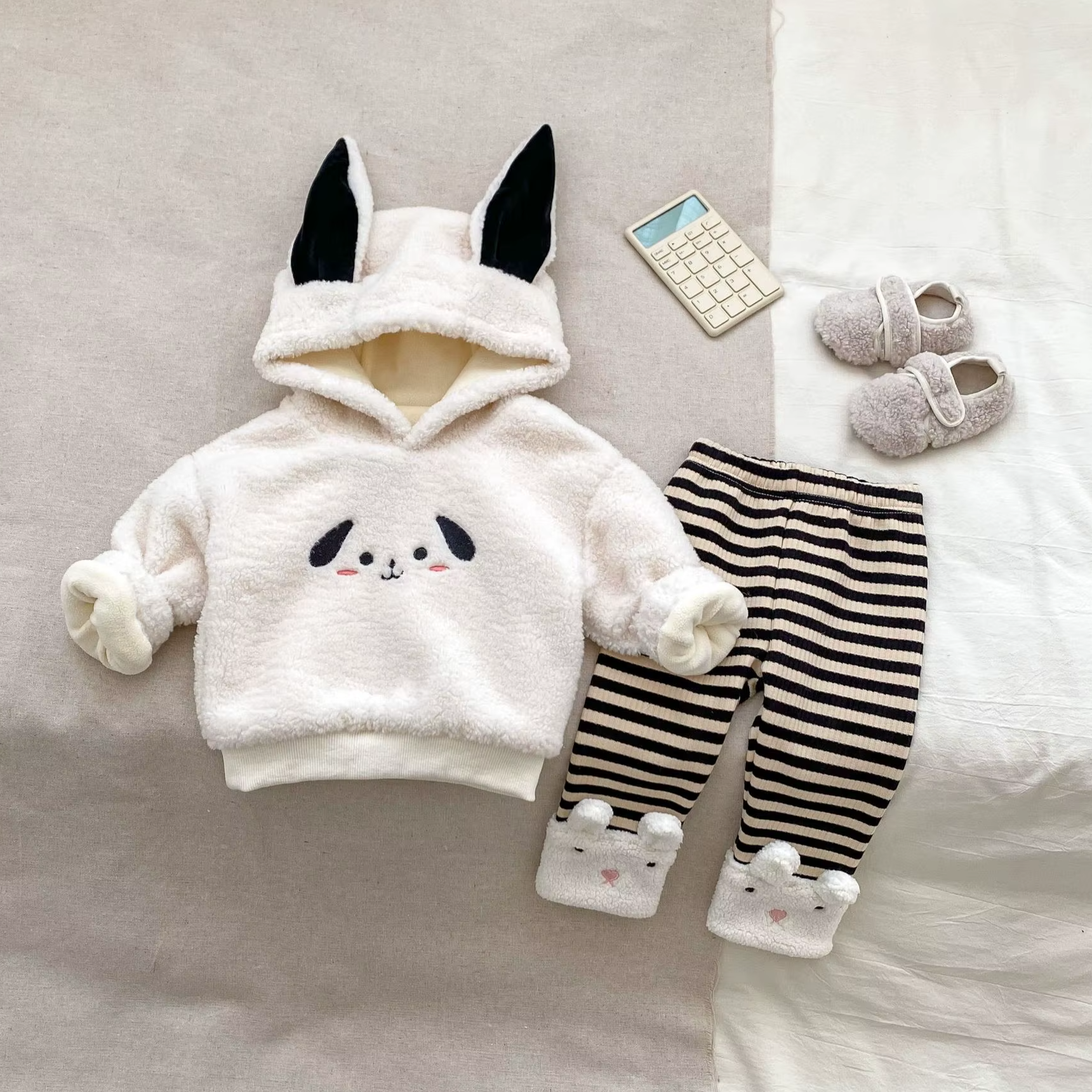Plush Hooded Sweatshirt & Striped Leggings