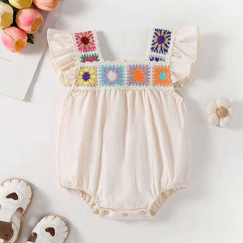 Colorful Embroidered Square-Collar Onesie