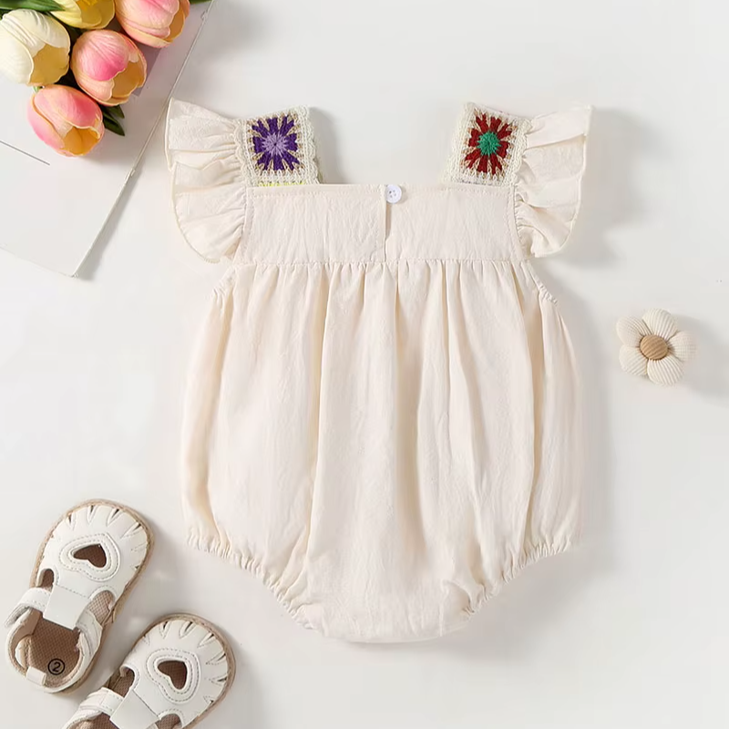 Colorful Embroidered Square-Collar Onesie