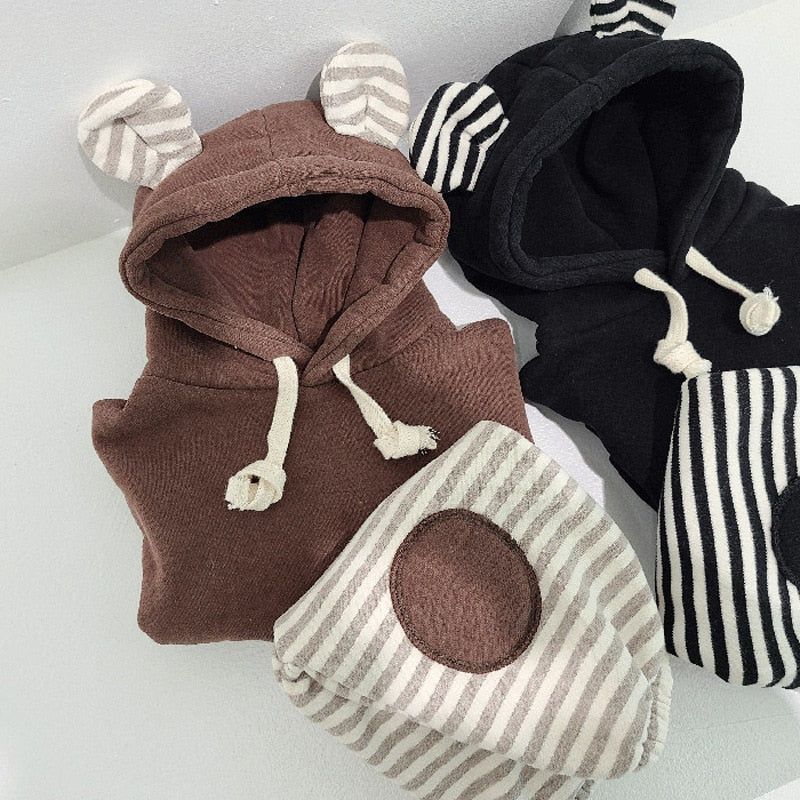 Bear Hooded Fleece Hoodie/Striped Patch Pants