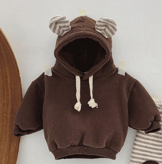 Bear Hooded Fleece Hoodie/Striped Patch Pants