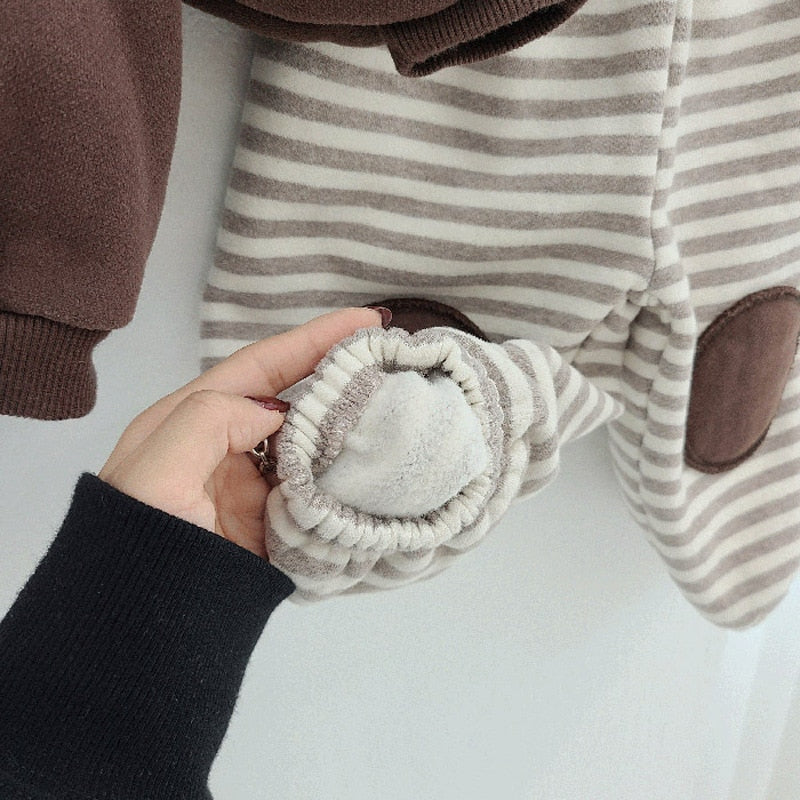 Bear Hooded Fleece Hoodie/Striped Patch Pants