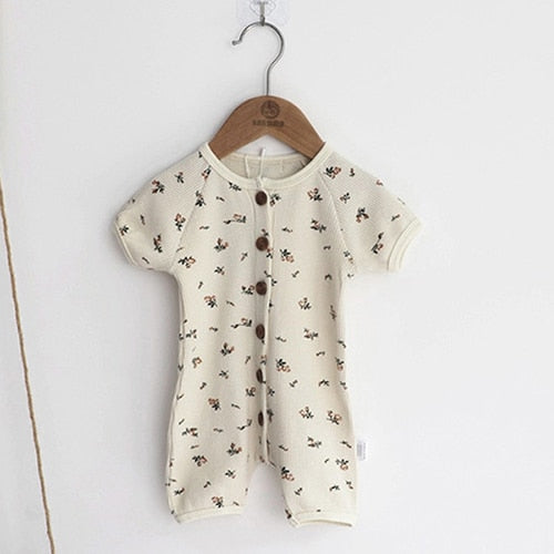 Beige Print Short-Sleeved Jumpsuit