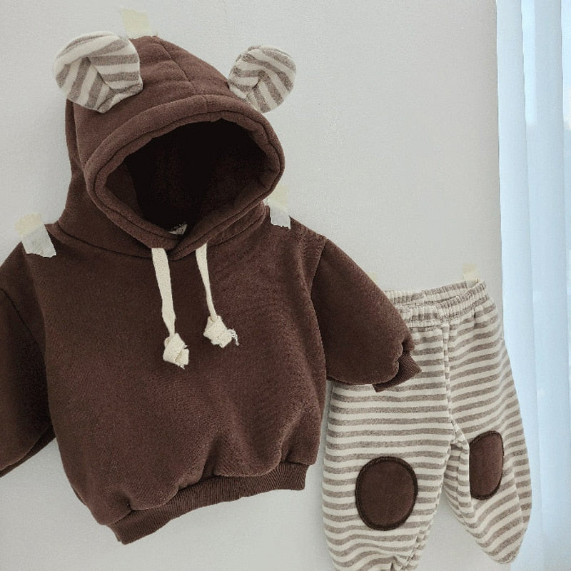 Bear Hooded Fleece Hoodie/Striped Patch Pants