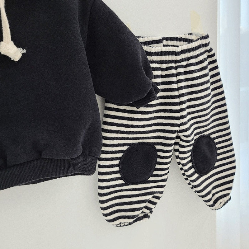 Bear Hooded Fleece Hoodie/Striped Patch Pants